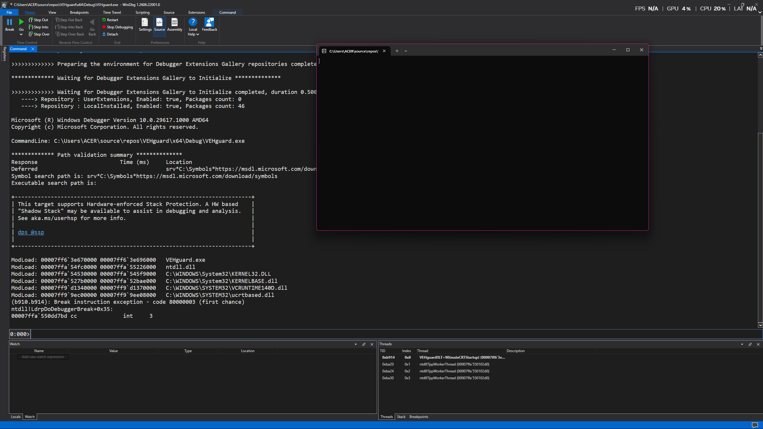 WinDbg initial startup breakpoint while loading VEHguard