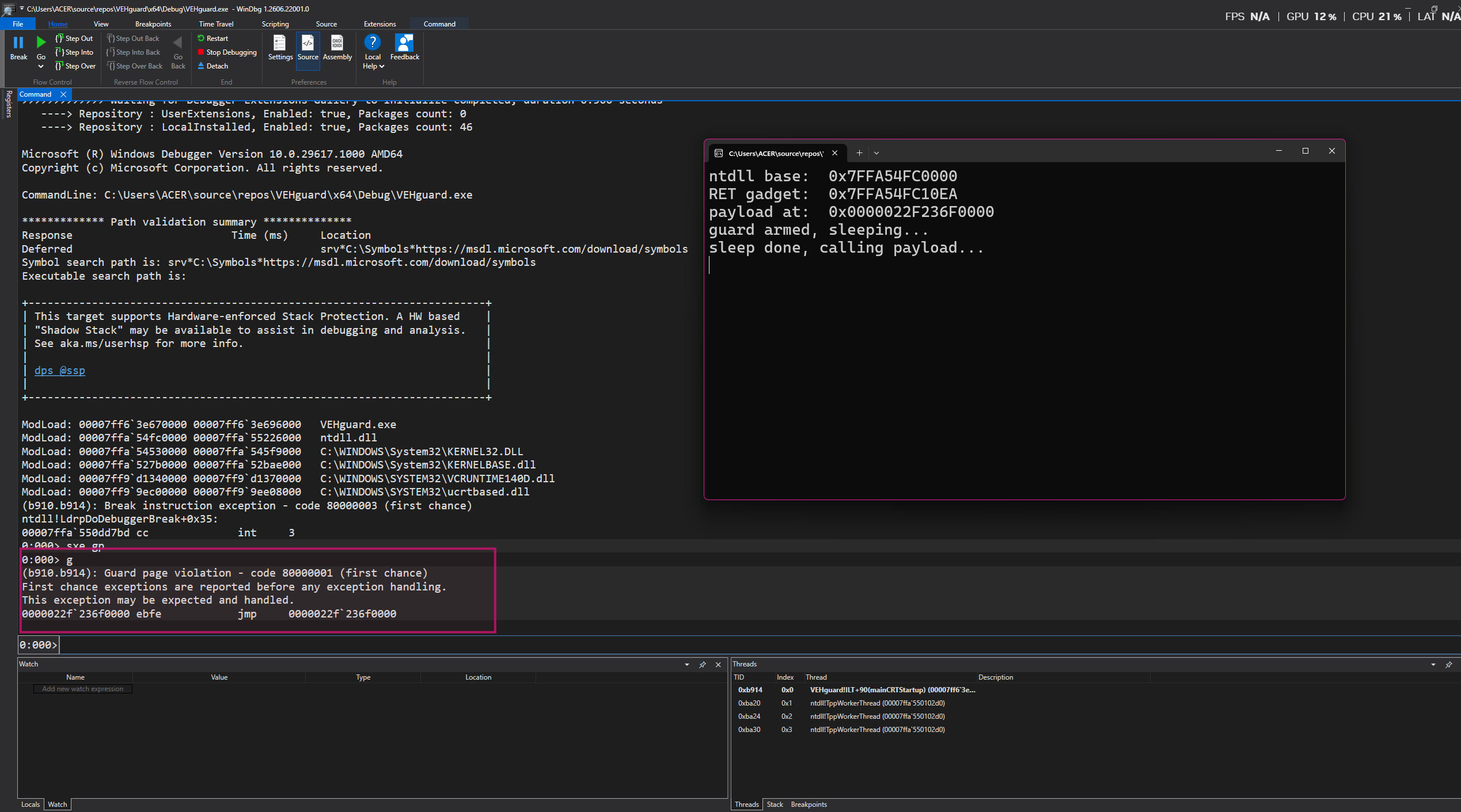 WinDbg catching the VEHguard guard-page violation at the payload