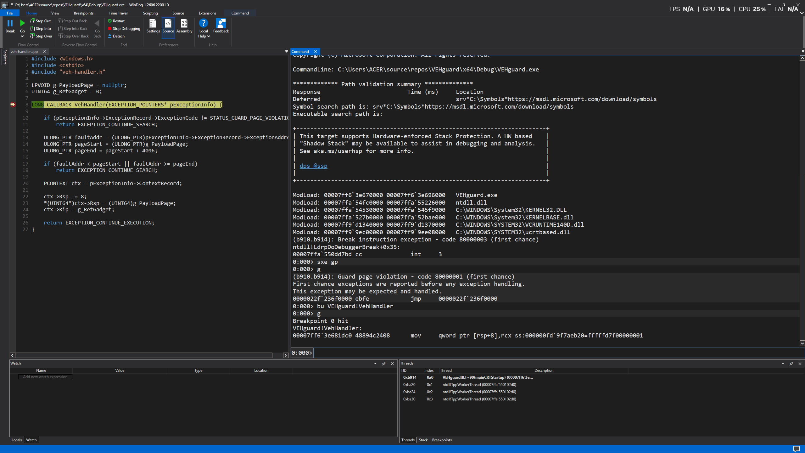 WinDbg breaking at the VEHguard exception handler