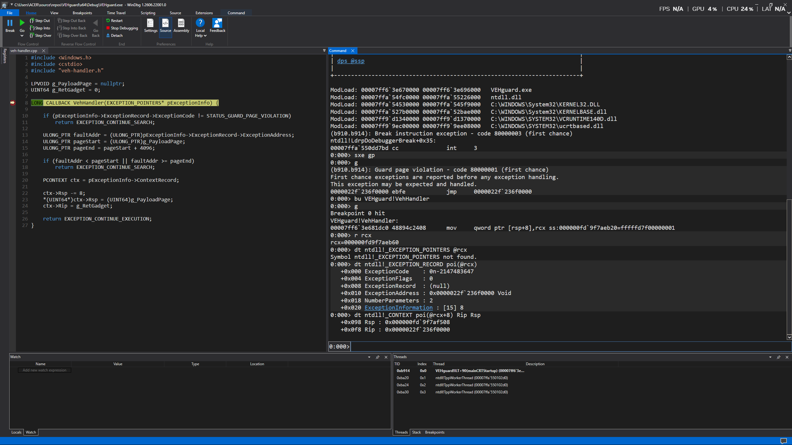 WinDbg inspecting the guard-page exception and context pointer
