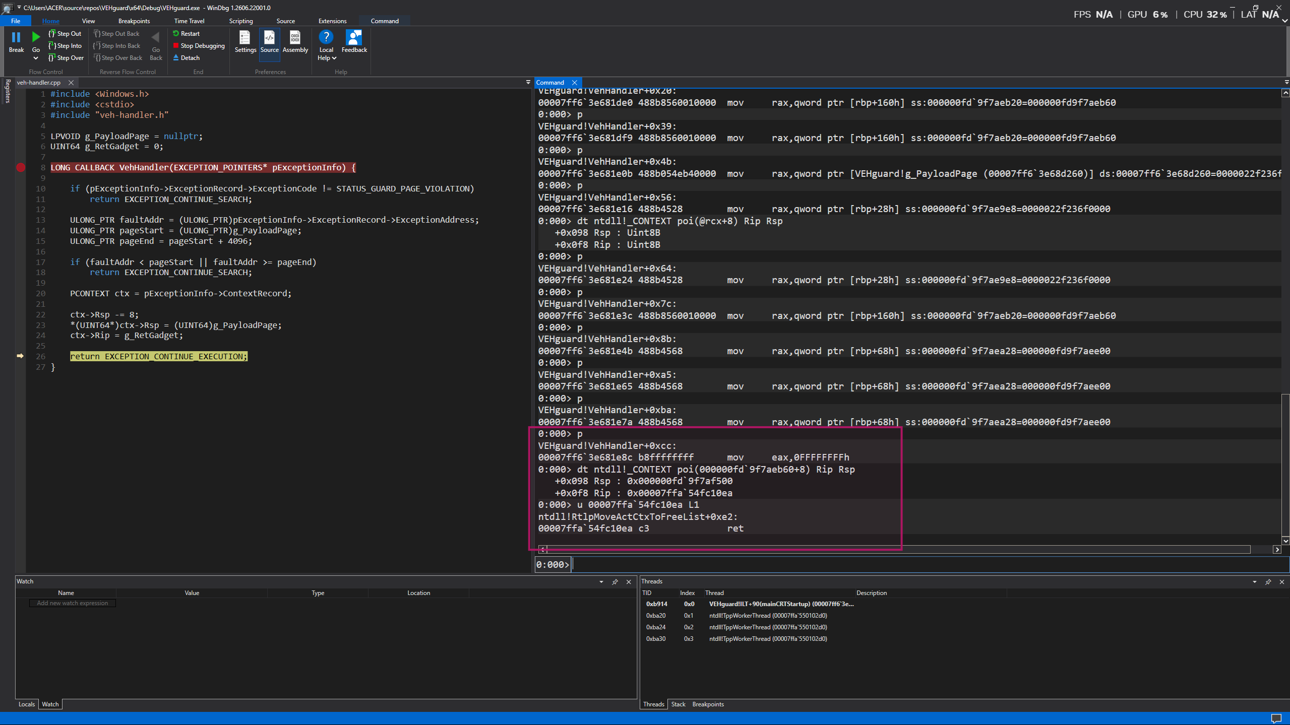 WinDbg showing the modified RIP and RSP after the VEH handler redirect
