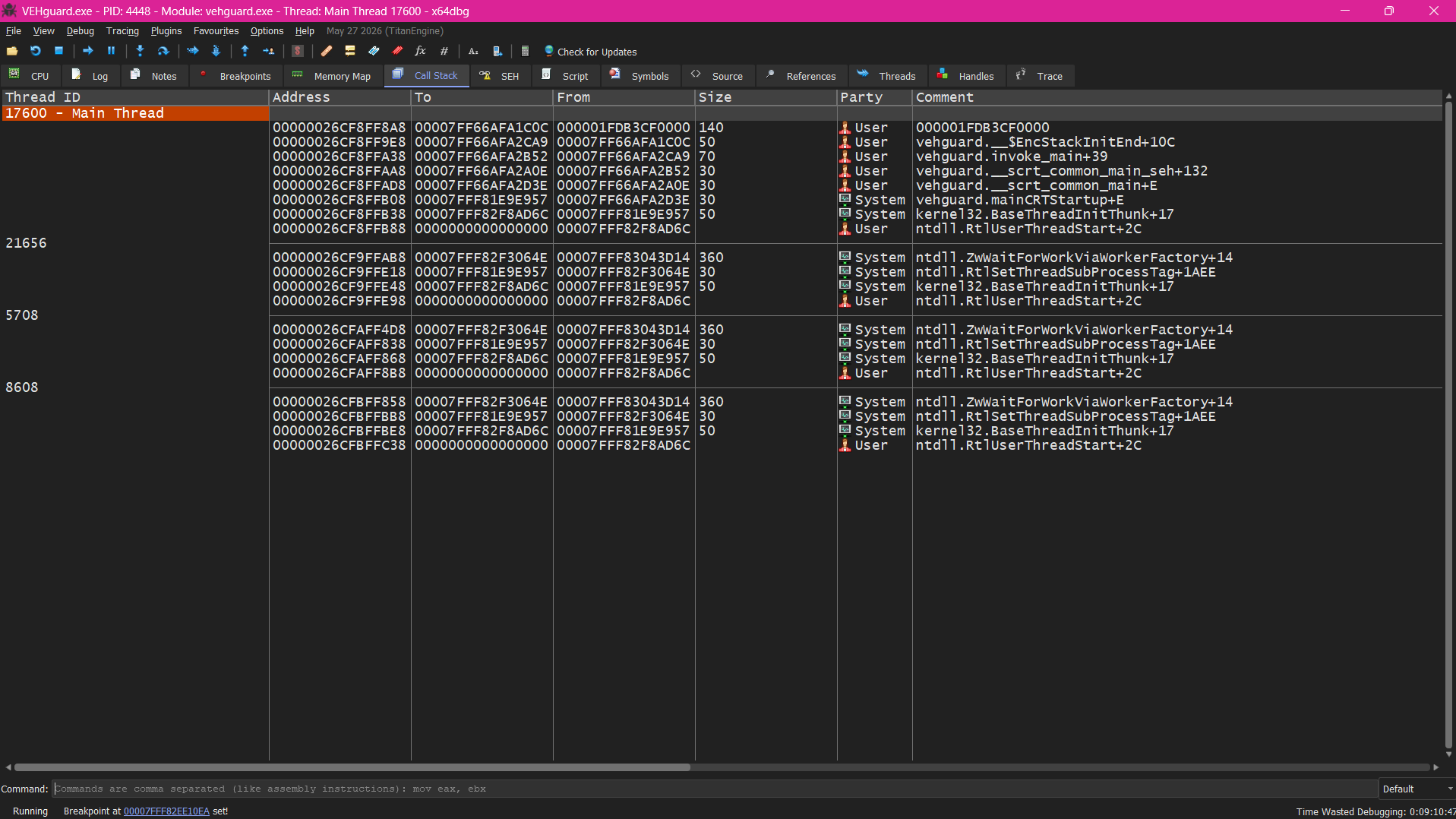 x64dbg call stack for the VEHguard main thread