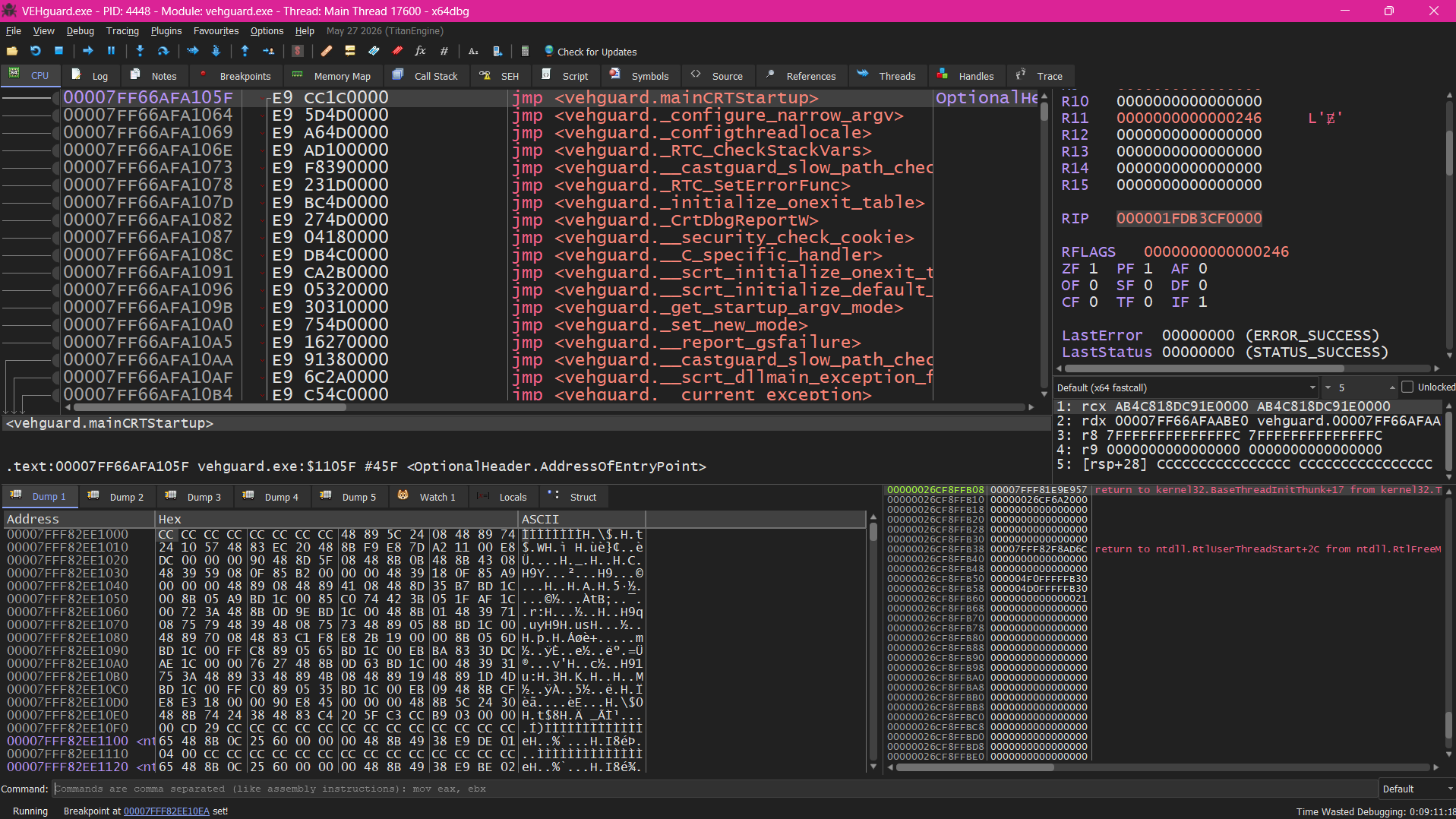 x64dbg CPU, registers, and stack memory while examining VEHguard