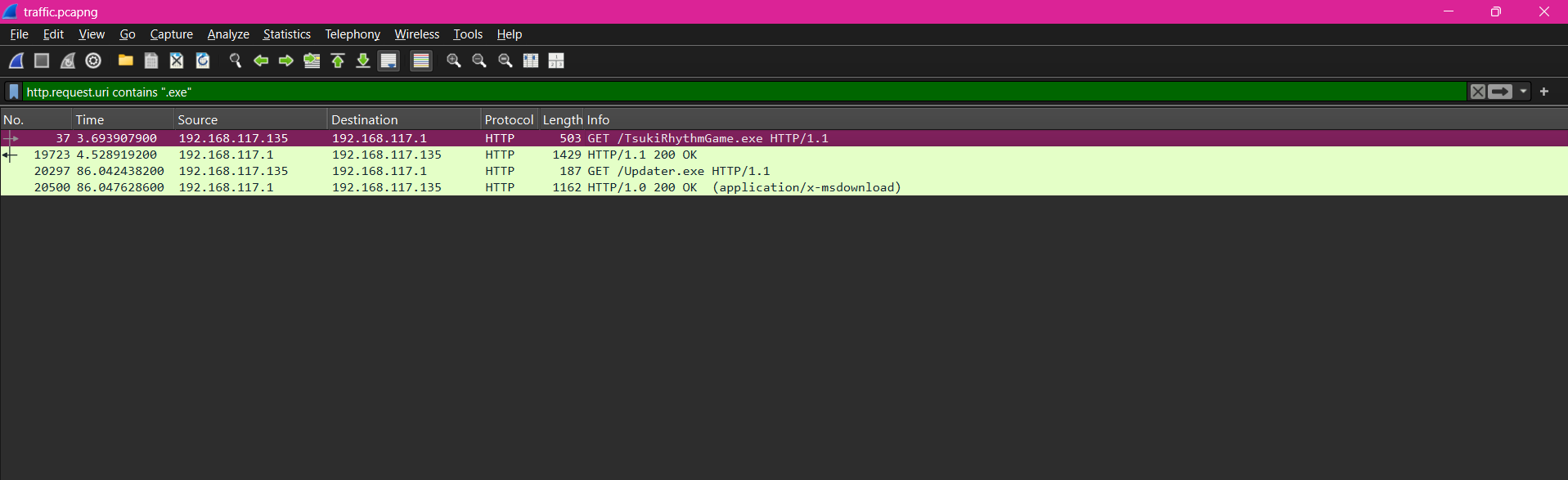 Wireshark filter showing exe downloads