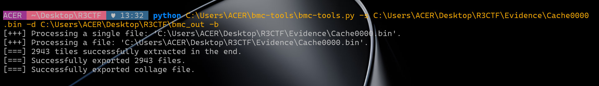 Terminal - bmc-tools extracting 2943 tiles and generating collage