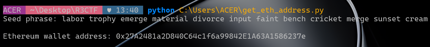 Terminal showing seed phrase and derived Ethereum address