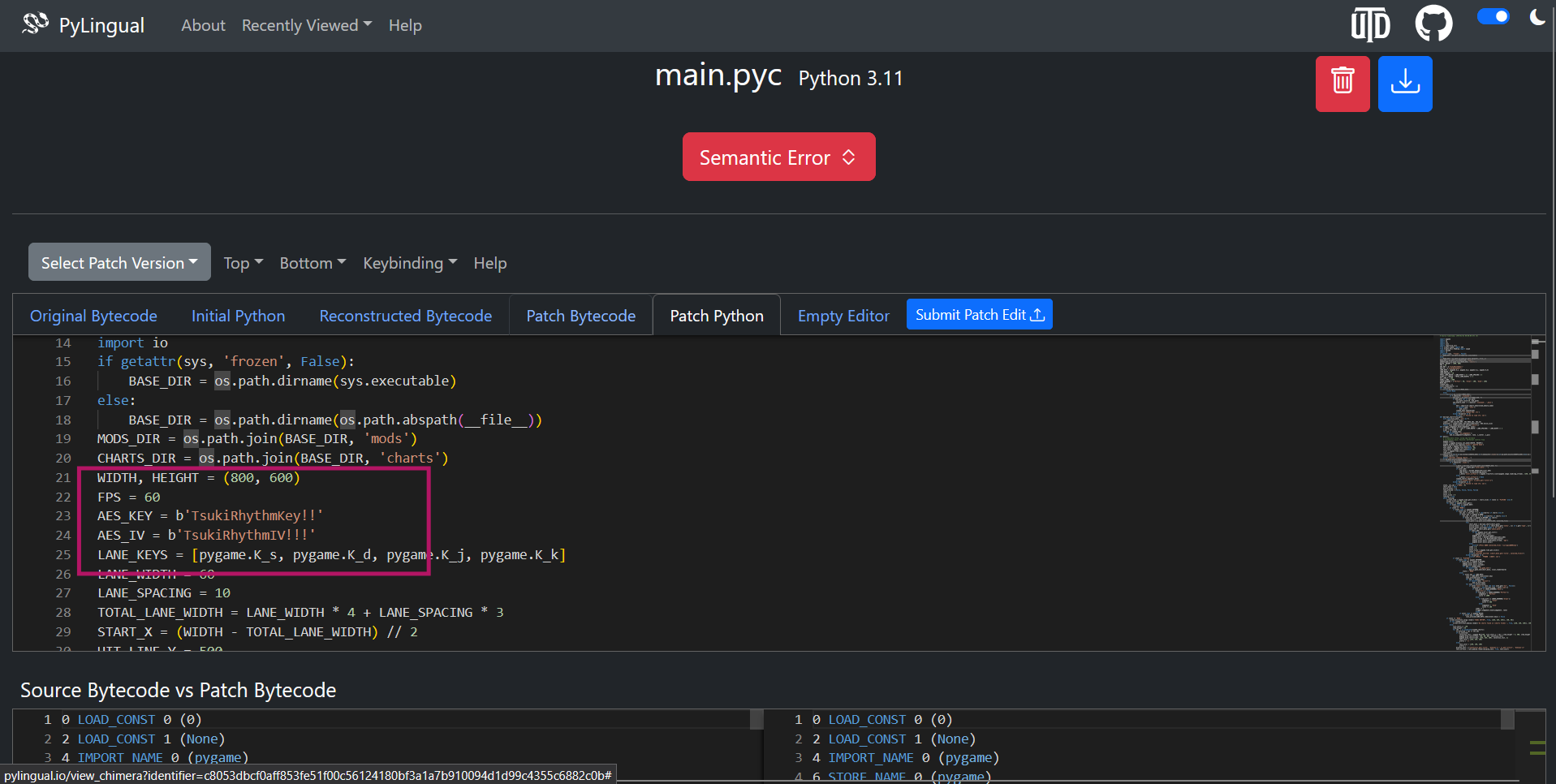 main.pyc decompiled showing AES_KEY and AES_IV