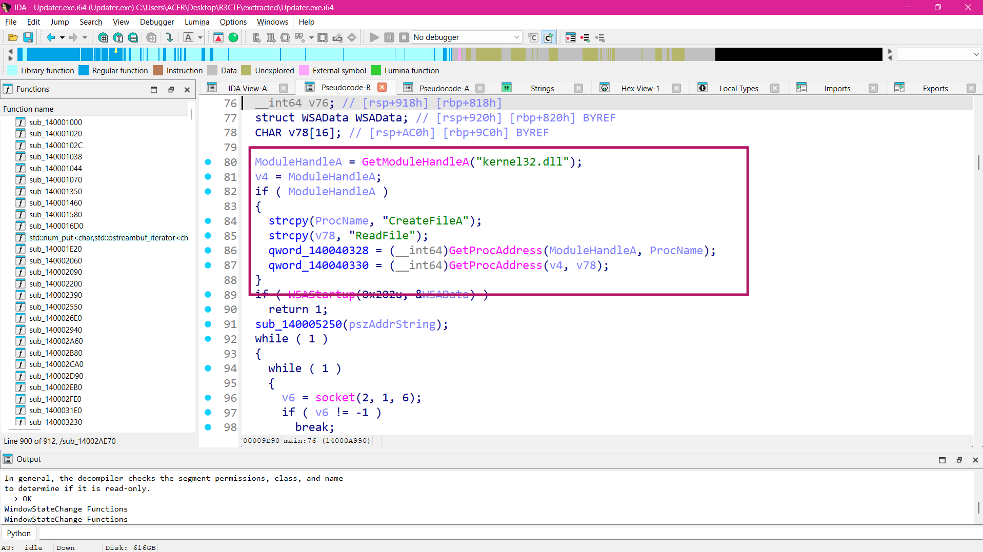 main() dynamically resolving CreateFileA and ReadFile via GetProcAddress