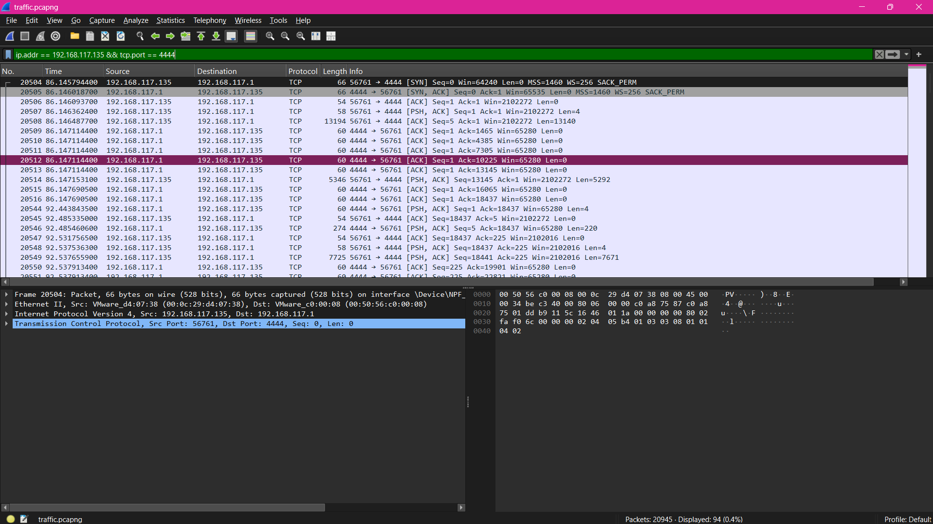 Wireshark TCP stream showing XOR'd hh.exe payload sent to C2