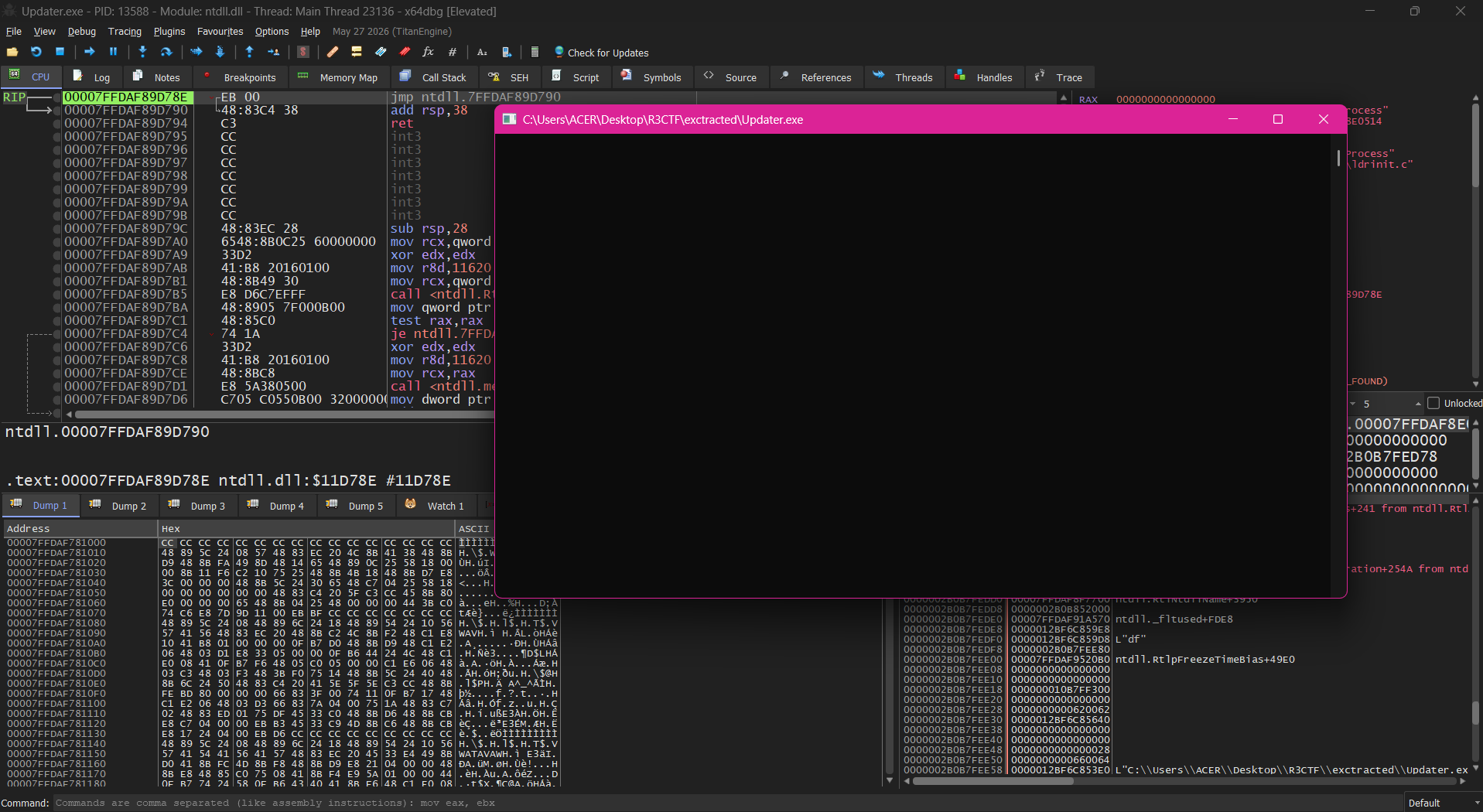 x64dbg loaded with Updater.exe at entry point