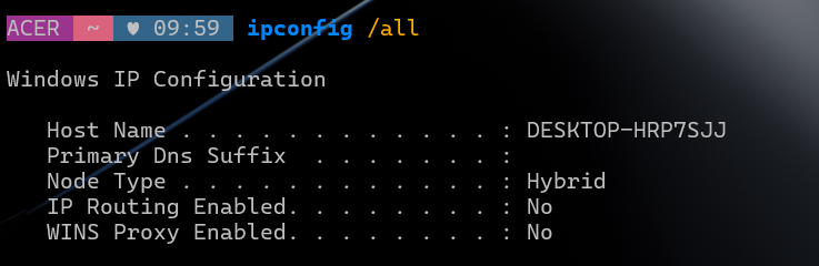 ipconfig /all output confirming command execution - hostname DESKTOP-HRP7SJJ