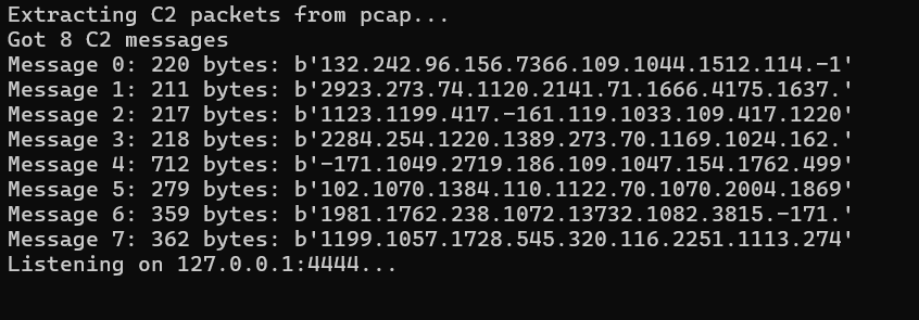 Replay server extracting 8 C2 messages from PCAP, listening on 127.0.0.1:4444