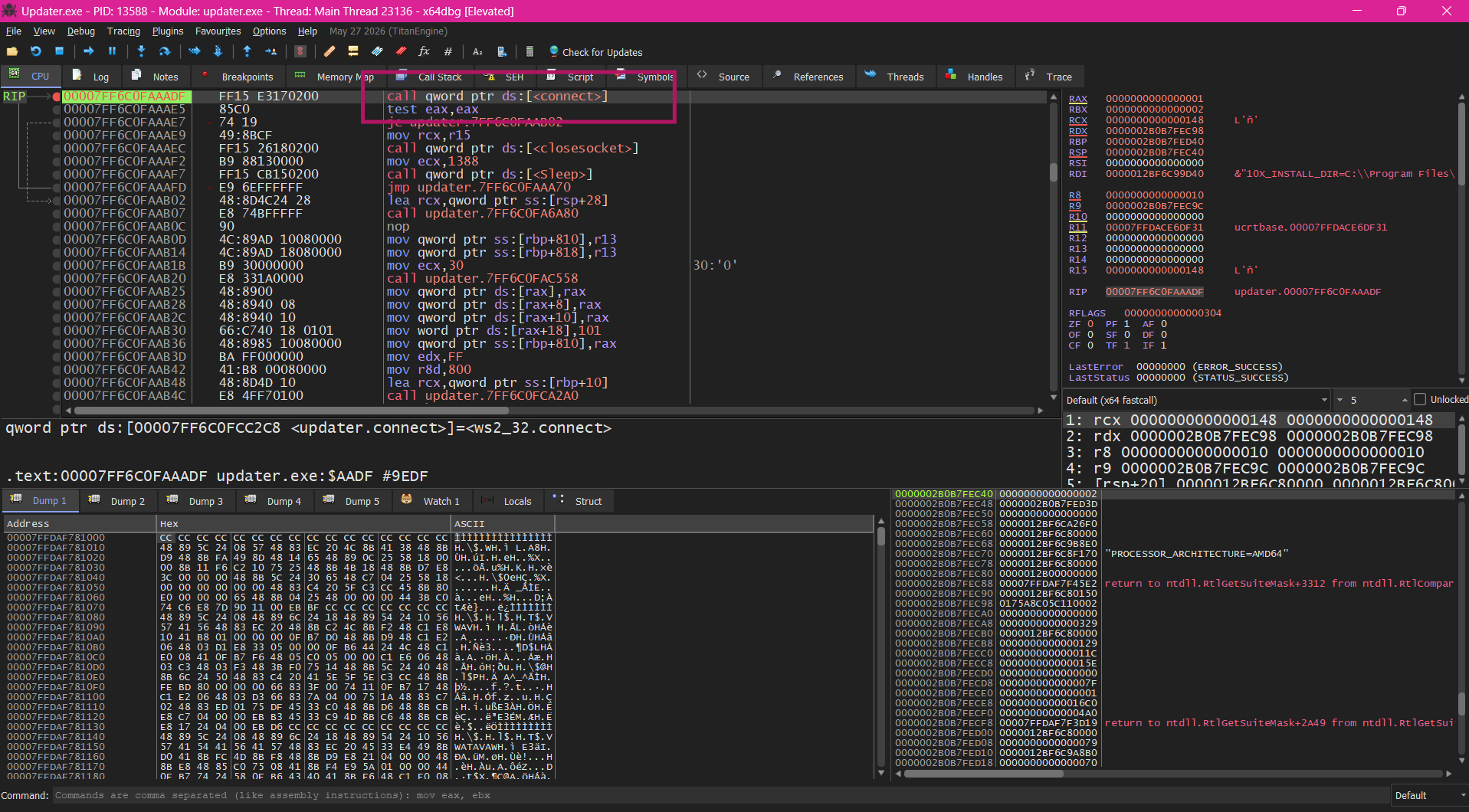x64dbg paused at connect BP - call [connect] highlighted, RDX pointing to sockaddr