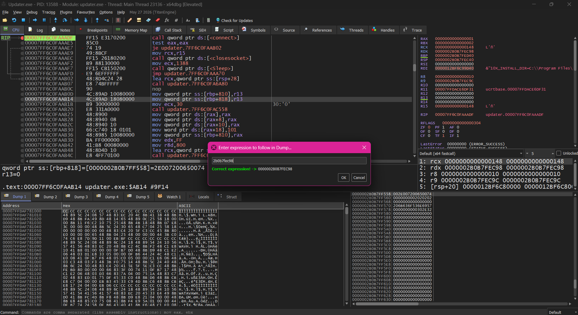 Navigate to dump dialog - entering sockaddr address to inspect IP bytes