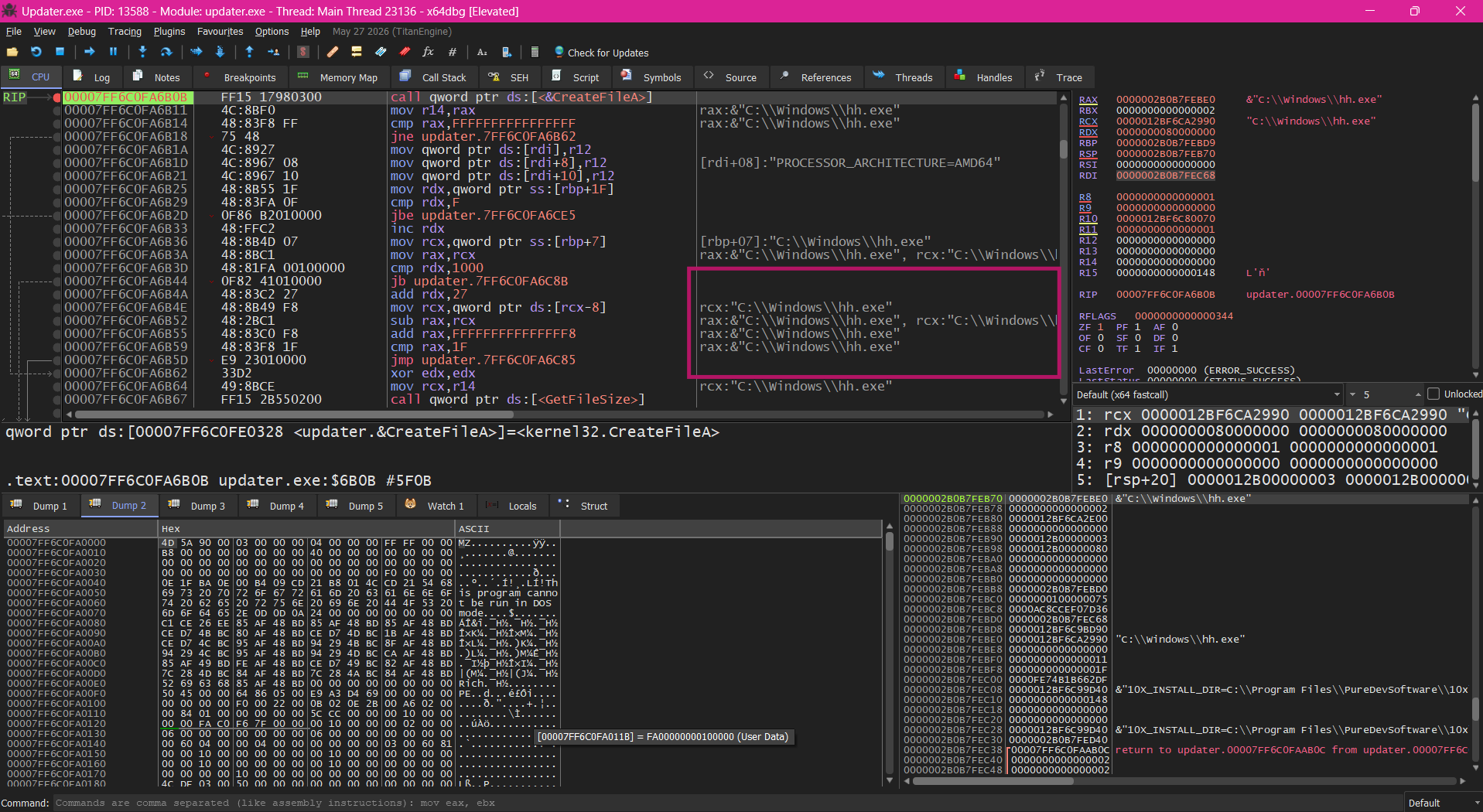 x64dbg at CreateFileA BP - RCX and tooltips showing original path C:\Windows\hh.exe