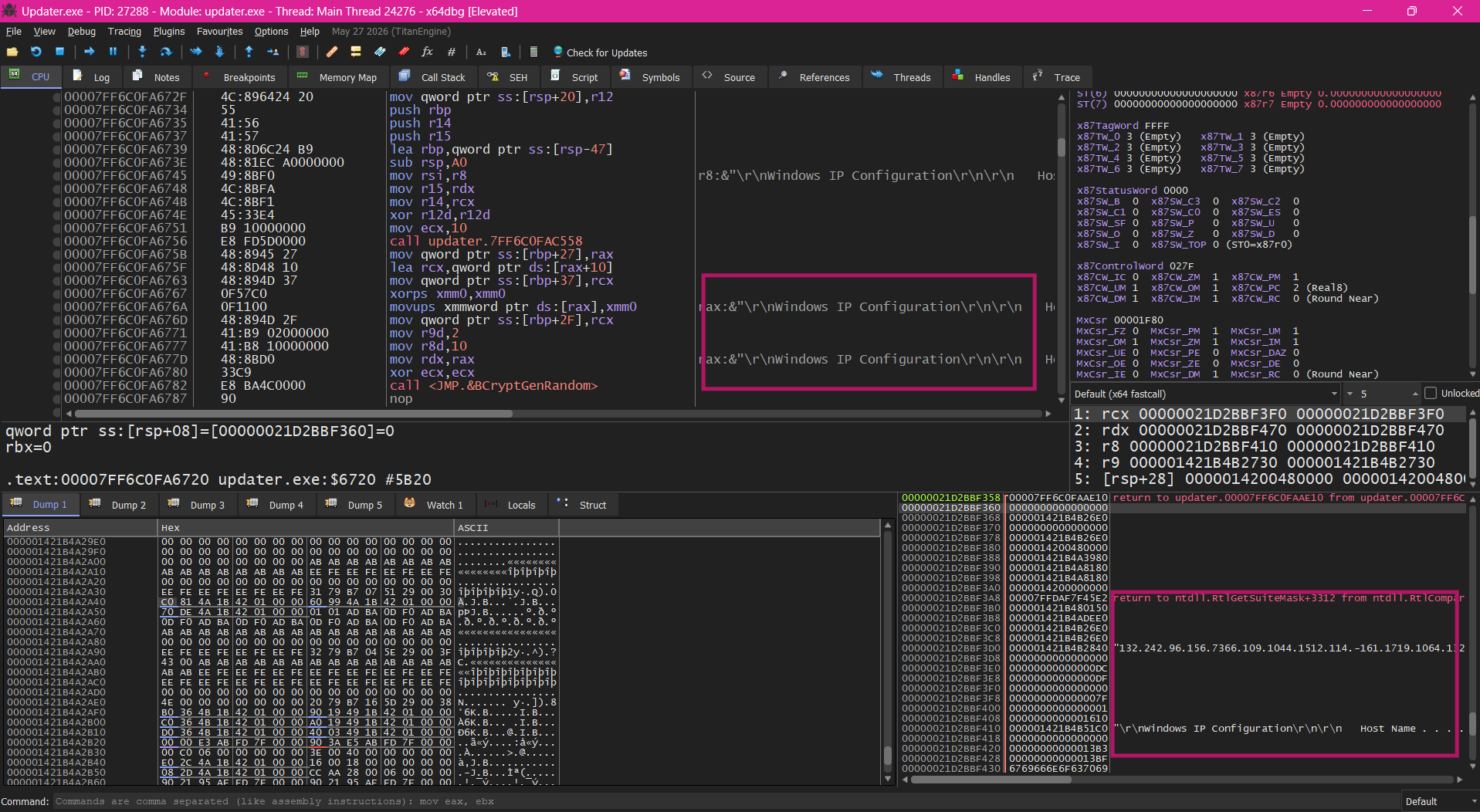 x64dbg at command executor BP - R8 preview and stack panel showing Windows IP Configuration output