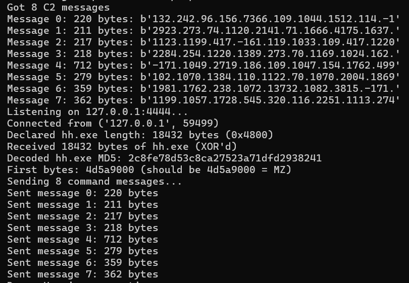 Replay server output confirming connection, correct MD5, and all 8 messages sent