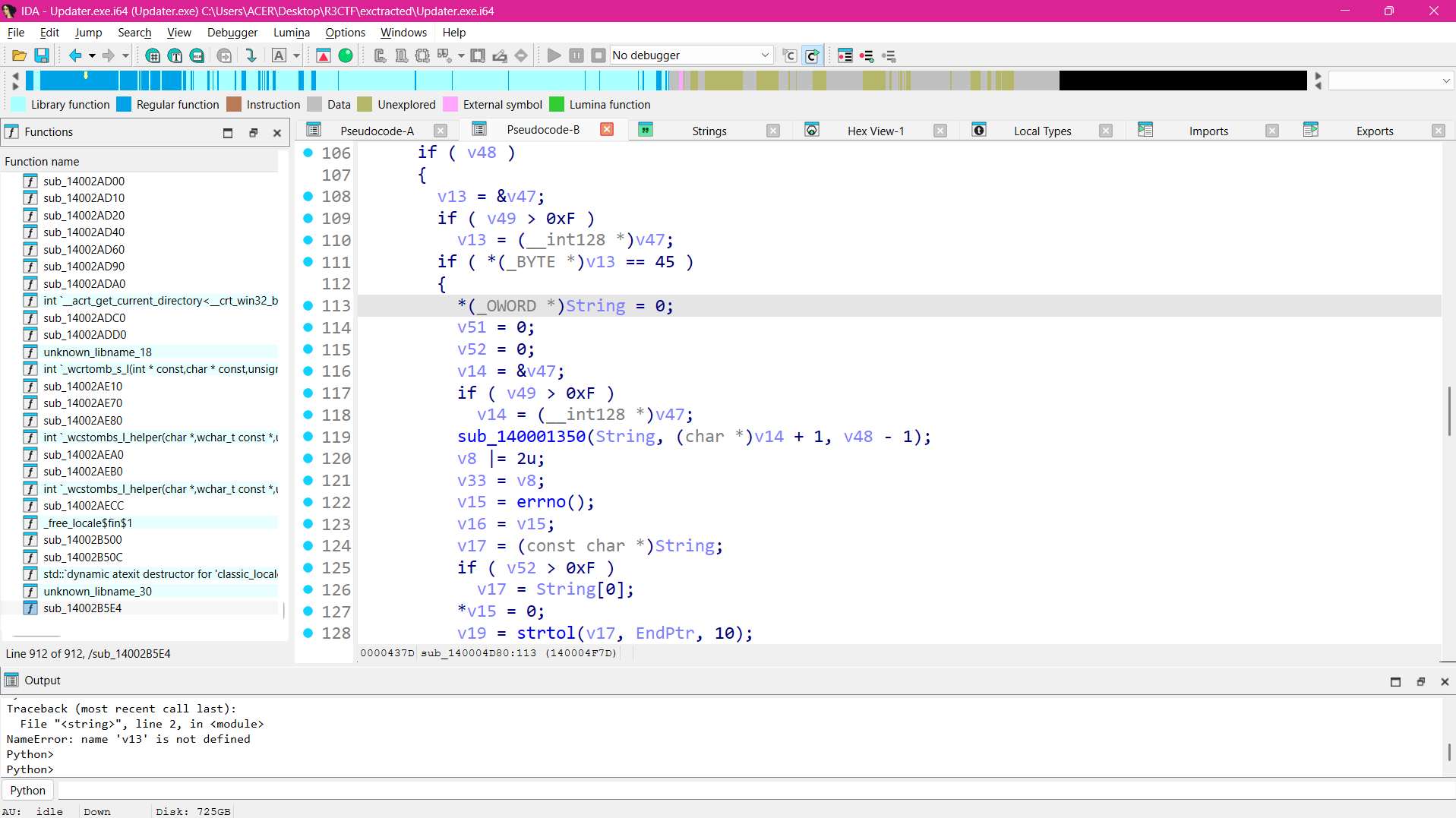 IDA Pro sub_140004D80 - line 111 sign-check branch: negative = raw byte, positive = hh.exe index lookup