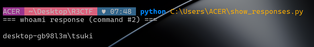 Terminal showing decoded whoami response: desktop-gb98l3m\tsuki