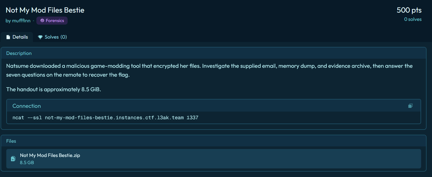Not My Mod Files Bestie - CTF challenge card