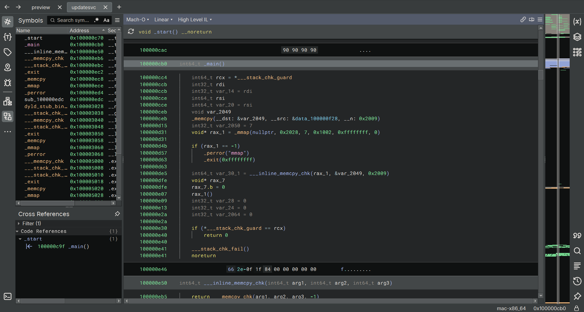 updatesvc loaded in Cutter - function list and strings
