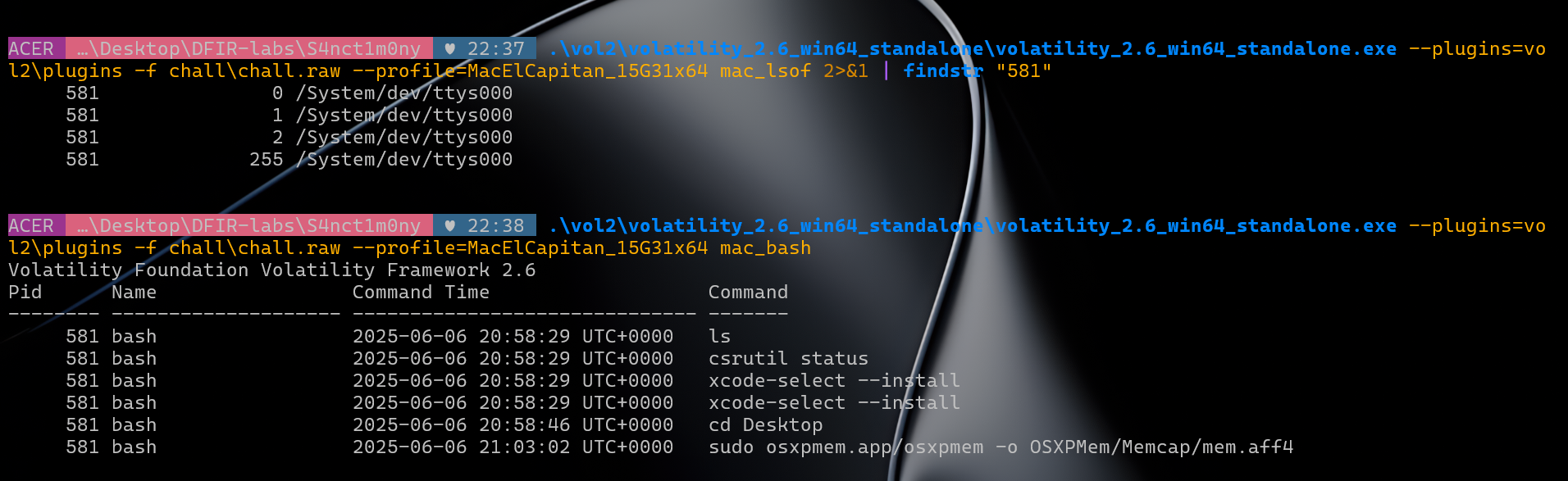 mac_lsof for PID 581 and mac_bash history