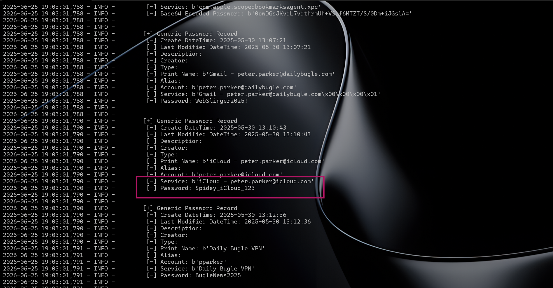 Chainbreaker output showing iCloud credentials